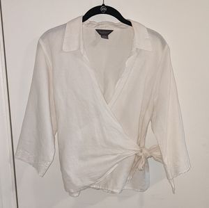 Van Huesen white wrap tee with lace detail on sleeves